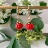 Tiny Strawberry Huggie hoops Earrings - Cute Strawberry Charm Fruit Earrings - Unique Handmade Fruit Earring Gift